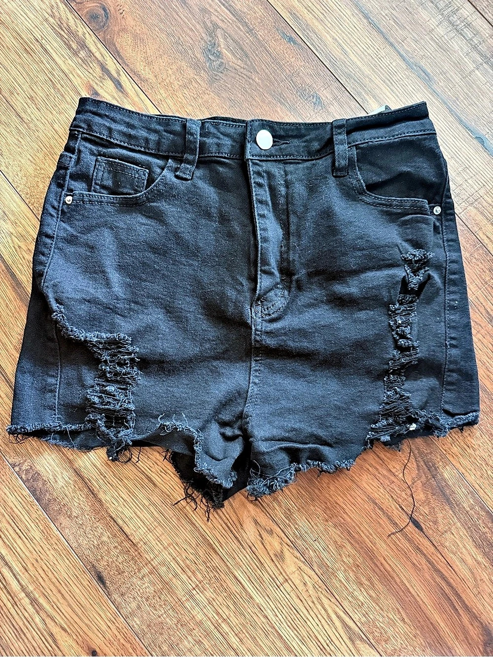 Black Distressed Denim Shorts M High Waist Raw Hem
